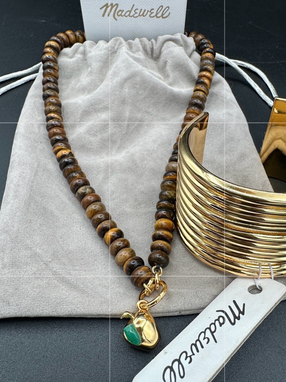 NWT Madewell Semiprecious Tiger eye Necklace Ribbed Cuff & Apple Charm Set